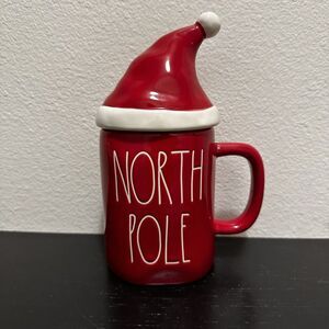 RAE DUNN Mug Holiday Christmas "NORTH POLE" Red Santa Hat Topper New